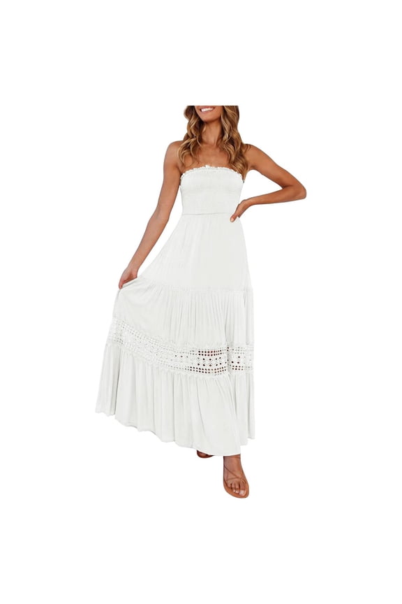USSUMA Sun Dresses Women Summer Casual Sleeveless Smocked Tube Top Lae Swing Flowy Long Maxi Sundresses for Women Solid Plus Size Dress for Women V Neck Graduation Dress