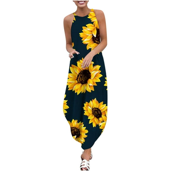 USSUMA Sundresses for Women Casual Summer Spaghetti Strap Irregular Hem Flowy Maxi Long Beach Dress Sunflower Print Plus Sun Dresses Sleeveless Halter Neck Dress Party Vacation