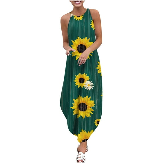 USSUMA Sundresses for Women Casual Summer Spaghetti Strap Irregular Hem Flowy Maxi Long Beach Dress Sunflower Print Plus Sun Dresses Sleeveless Halter Neck Dress Party Vacation