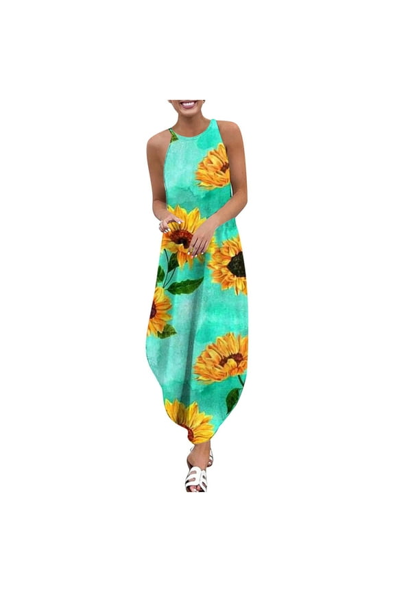 USSUMA Sun Dresses Women Summer Casual Sleeveless Spaghetti Strap Irregular Hem Flowy Maxi Long Sundresses for Women Sunflower Print Plus Size Dress for Women Halter Neck Graduation Dress