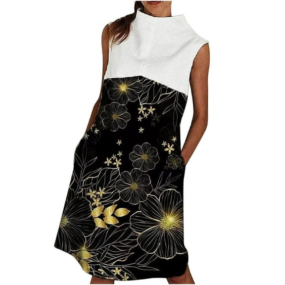 USSUMA Sun Dresses Women Summer Casual Sleeveless Turtleneck Pocket Shift Tshirt Midi Sundresses for Women Floral Print Color Block Plus Size Dress for Women V Neck Graduation Dress