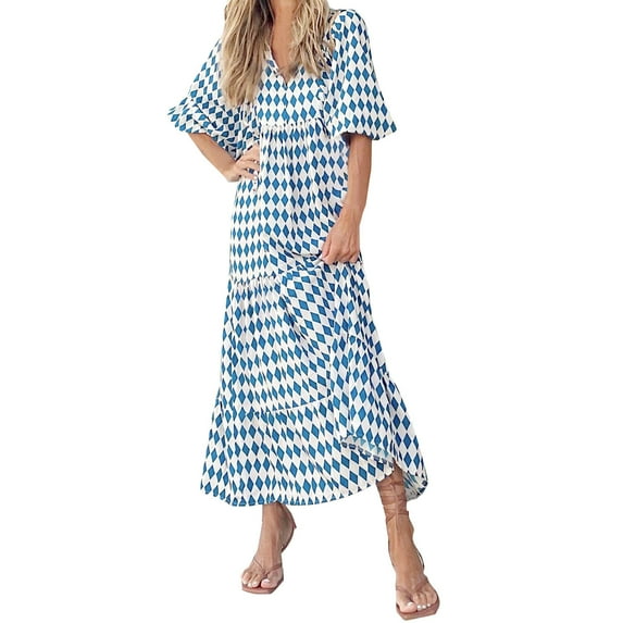 USSUMA Sun Dresses Women Summer Casual, Women's Summer Casual Maxi Dress Bohemian Floral V Neck Puff Short Sleeve Beach Tiered Sundress Long Swing Dress