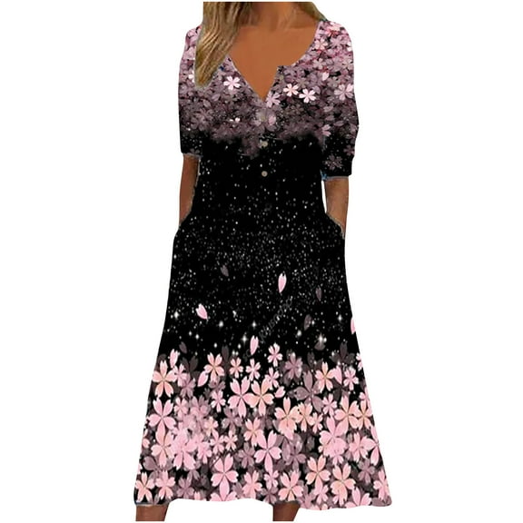 USSUMA Sun Dresses Women Summer Casual, Women's Summer Maxi Dress Short Sleeve V Neck Floral Sundress Casual Loose Button Up Long Beach Dresses with Pockets