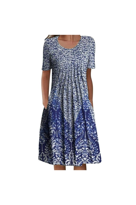 USSUMA Womens Sundresses Summer Casual Boho Pleated Knee Length Swing Aline Midi Party Beach Dress Floral Print Short Sleeve Sun dresses for Women Plus Crewneck Dresses Vacation