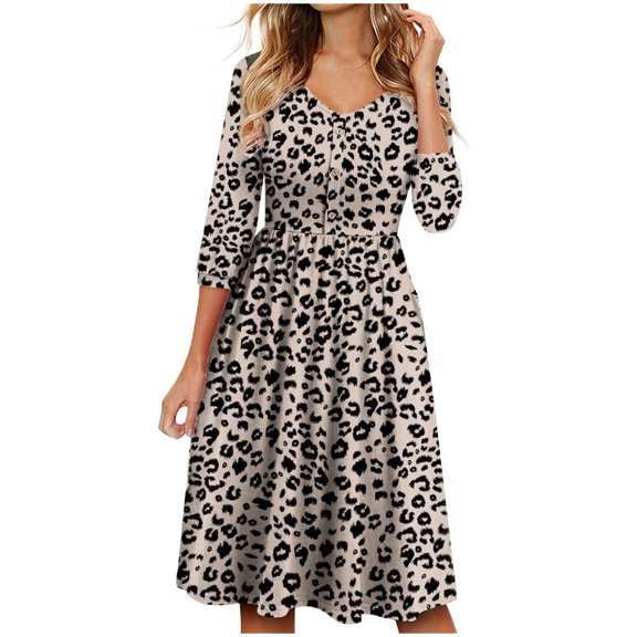 USSUMA Sundress for Women Beach Vacation Knee Length A Line Flowy Swing Midi Summer Dresses for Women Casual V-Neck 3/4 Sleeve Floral Print Plus Size Party Sun Dresses