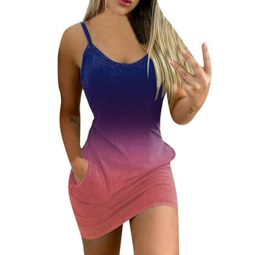 USSUMA Gradient Flowers Printed Women's Dresses Short Mini Sundresses for Women Casual Summer Sleeveless Spaghetti Strap Cami Pocket Bodycon Sun Dress Beach Vacation V-Neck Graduation Dress