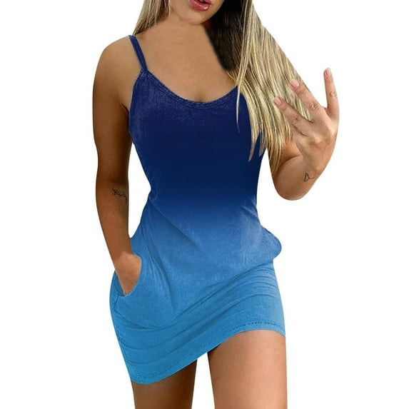 USSUMA Sundress for Women Beach Vacation Spaghetti Strap Cami Pocket Bodycon Short Mini Summer Dresses for Women Casual V-Neck Sleeveless Gradient Flowers Printed Plus Size Party Sun Dresses