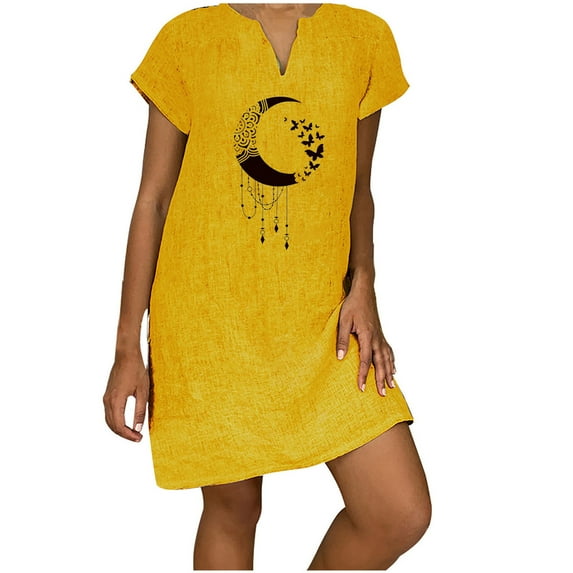 USSUMA Sundress for Women Beach Vacation Vintage Knee Length Linen Cotton Shift Midi Summer Dresses for Women Casual V-Neck Short Sleeve Moon Butterfly Print Plus Size Party Sun Dresses