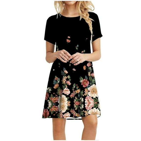 USSUMA Summer Dresses for Women 2022, Women's Short-Sleeve Scoop Neck Swing Dress Casual Floral Printed Simple T-Shirt Dresses 2022 Summer Tunic Sun Dress
