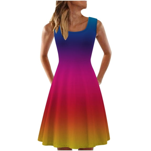 USSUMA Sundress Women Beach Vacation, Women's Sleeveless A Line Party Mini Dress Tie-Dye Gradient Rainbow Print Sundress Swing Summer Short Dress
