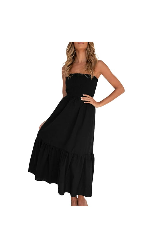 USSUMA Sundress Women Beach Vacation, Women's Summer Boho Strapless Off Shoulder Beach Long Dresses Ruffle Strapless Tiered A Line Flowy Maxi Dress