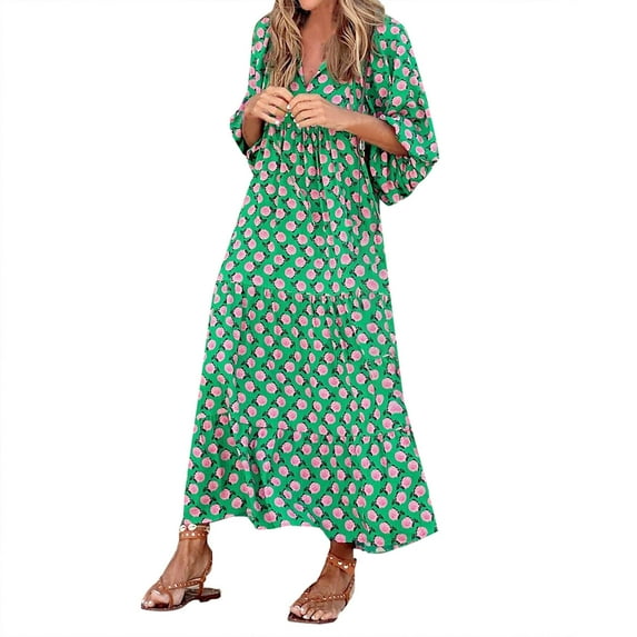USSUMA Sundress Women Beach Vacation, Women's Summer Casual Maxi Dress Bohemian Floral V Neck Puff Short Sleeve Beach Tiered Sundress Long Swing Dress