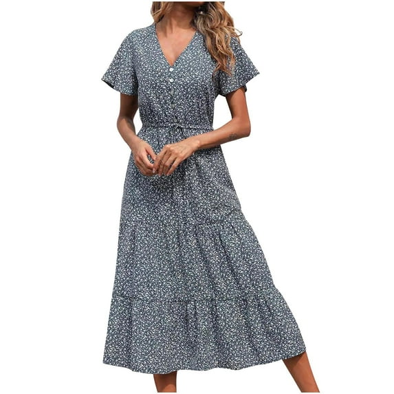 USSUMA Sundresses for Women Casual Summer Bohemian A-Line Flowy Smocked Long Maxi Beach Dress Floral Print Plus Sun Dresses Short Sleeve V Neck Dress Party Vacation