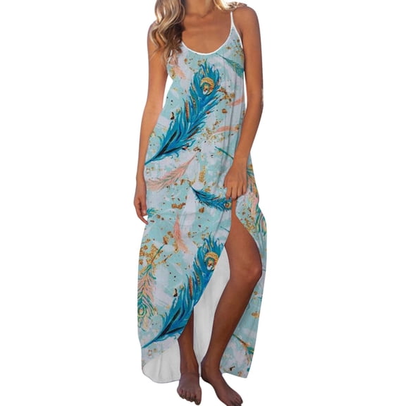 USSUMA Sundresses for Women Casual Summer Bohemian Spaghetti Strap Long Dandelion print Maxi Womens Shirt Dresses Beach Crewneck Sleeveless Plus Size Wedding Guest Sun Dress
