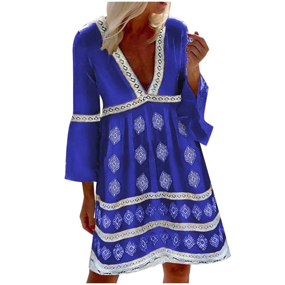 USSUMA Sundresses for Women Casual Summer Boho Ethnic TShirt Flowy Midi Beach Dress Floral Print Plus Sun Dresses Short Sleeve Crew Neck Dress Party Vacation