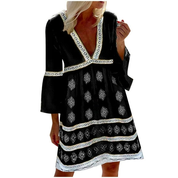 USSUMA Sundresses for Women Casual Summer Boho Ethnic TShirt Flowy Midi Beach Dress Floral Print Plus Sun Dresses Short Sleeve Crew Neck Dress Party Vacation