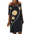 thumbnail image 1 of USSUMA Sundresses for Women Casual Summer Cold Shoulder Knee Length Tunic Hollow Out Floral Print Vintage Midi Womens Shirt Dresses Beach Round Neck Short Sleeve Plus Size Wedding Guest Sun Dress, 1 of 8