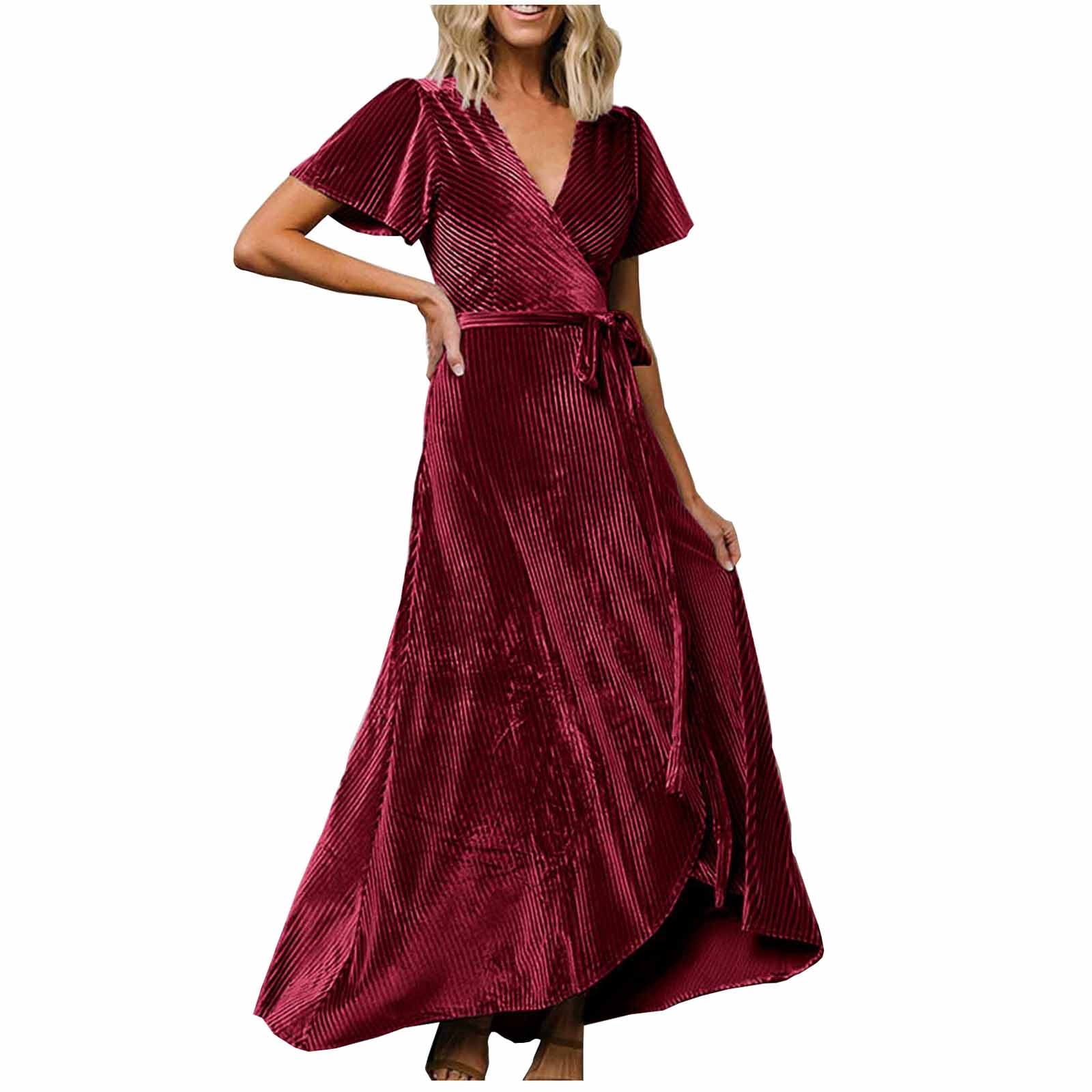 USSUMA Sundresses for Women Casual Summer Formal Evening Wrap Long Strip  Sexy Maxi Womens Shirt Dresses Beach V Neck Short Sleeve Plus Size Wedding  Guest Sun Dress