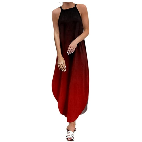 USSUMA Sundresses for Women Casual Summer Loose Flowy Cami Long Ombre Gradient Maxi Womens Shirt Dresses Beach Halter Neck Sleeveless Plus Size Wedding Guest Sun Dress