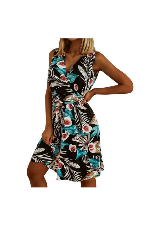 A Sundresses for Women Casual Summer Pleated Flowy Swing Knee Length Tropical Print Boho Midi Womens Shirt Dresses Beach V Neck Sleeveless Plus Size Wedding Guest Sun Dress