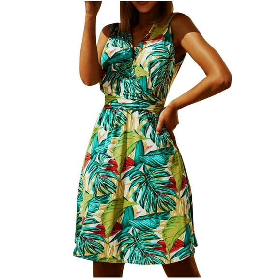 USSUMA Sundresses for Women Casual Summer Pleated Flowy Swing Knee Length Tropical Print Boho Midi Womens Shirt Dresses Beach V Neck Sleeveless Plus Size Wedding Guest Sun Dress