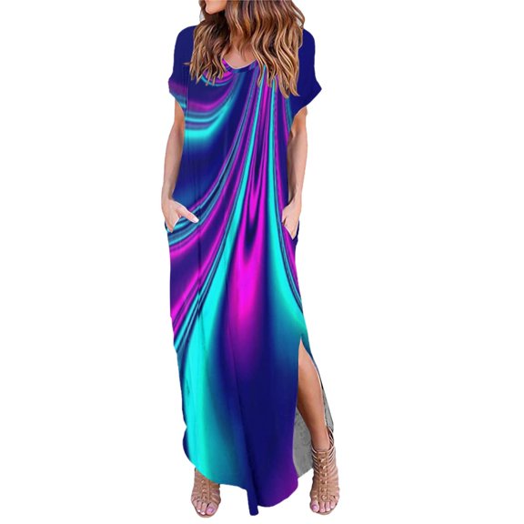 USSUMA Sundresses for Women Casual Summer Pocket Split Long Hawaiian Tropical Print Maxi Womens Shirt Dresses Beach V Neck Short Sleeve Plus Size Wedding Guest Sun Dress