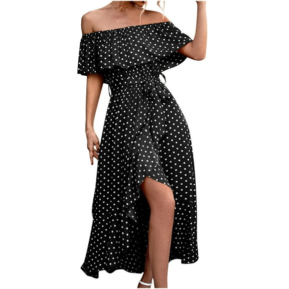 USSUMA Sundresses for Women Casual Summer Ruffle High Waist Wrap Long Swing Polka Dot Maxi Womens Shirt Dresses Beach Off Shoulder Sleeveless Plus Size Wedding Guest Sun Dress