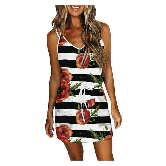 USSUMA Sundresses for Women Casual Summer Sexy Cami Pocket Elastic Waist Short Striped Tropical Print Mini Womens Shirt Dresses Beach V Neck Sleeveless Plus Size Wedding Guest Sun Dress