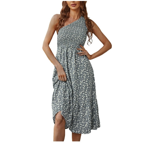 USSUMA Sundresses for Women Casual Summer Smocked Flowy Swing Boho Long Floral Print Maxi Womens Shirt Dresses Beach One Shoulder Sleeveless Plus Size Wedding Guest Sun Dress