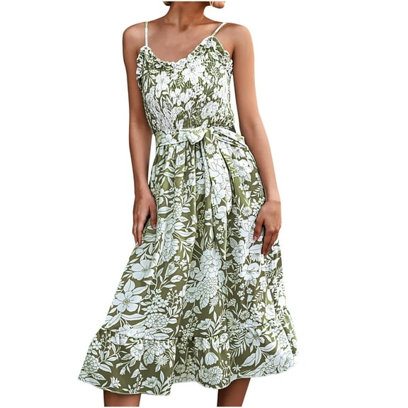 USSUMA Sundresses for Women Casual Summer Smocked Flowy Swing Long Cami Spaghetti Strap Floral Print Maxi Womens Shirt Dresses Beach V Neck Sleeveless Plus Size Wedding Guest Sun Dress