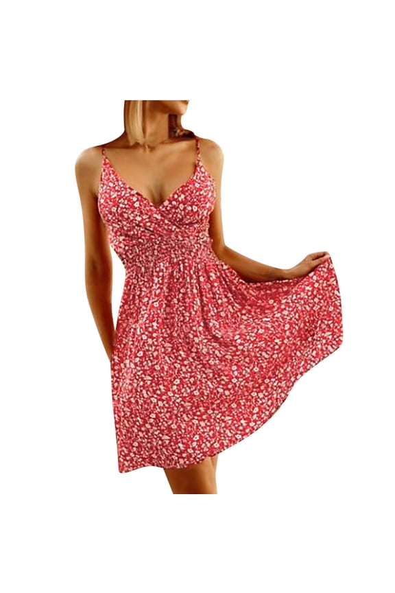 USSUMA Sundresses for Women Casual Summer Spaghetti Strap High Waist Flowy Tropical Print Knee Length Midi Womens Shirt Dresses Beach V Neck Sleeveless Plus Size Wedding Guest Sun Dress
