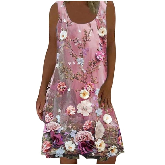 USSUMA Sundresses for Women Casual Summer Vintage Flowy Swing Tshirt Floral Print Knee Length Womens Shirt Dresses Beach U Neck Sleeveless Plus Size Wedding Guest Sun Dress