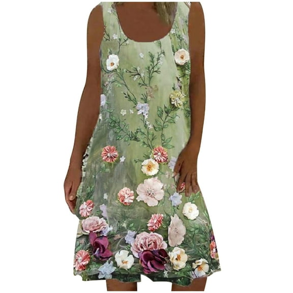 USSUMA Sundresses for Women Casual Summer Vintage Flowy Swing Tshirt Floral Print Knee Length Womens Shirt Dresses Beach U Neck Sleeveless Plus Size Wedding Guest Sun Dress