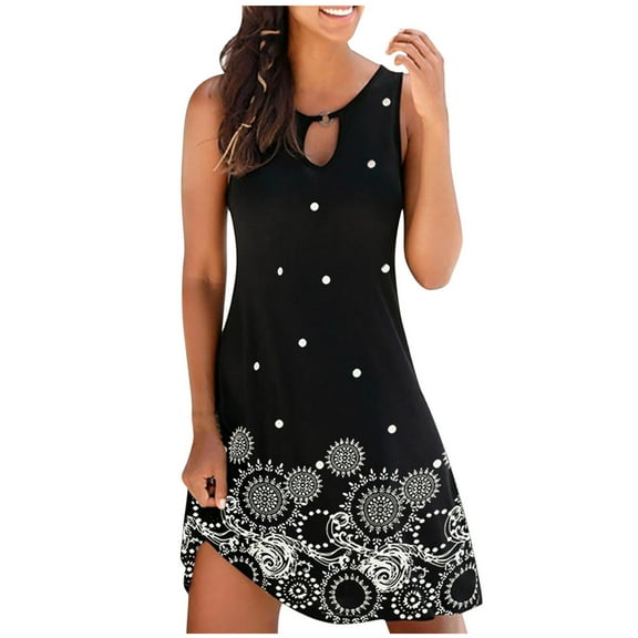 USSUMA Sundresses for Women Casual Summer Vintage Plus Size Flowy Swing Shirt Floral Print Boho Knee Length Womens Shirt Dresses Beach Round Neck Short Sleeve Plus Size Wedding Guest Sun Dress