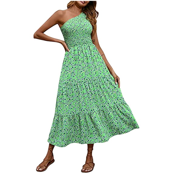 USSUMA Sundresses for Women Casual Summer Women's Boho Summer Printed One Shoulder Maxi Long Dress Sleeveless Smocked Flowy Tiered Beach Party Maxi Dress Sundress
