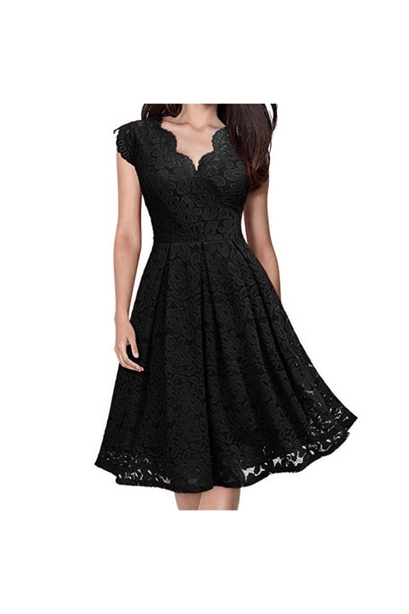 USSUMA Sundresses for Women Casual Summer Women's Sleeveless Lace V-Neck A-line Midi Dresses Summer Sleeveless Overlay Fit Flare Elegant Cocktail Party Dresses