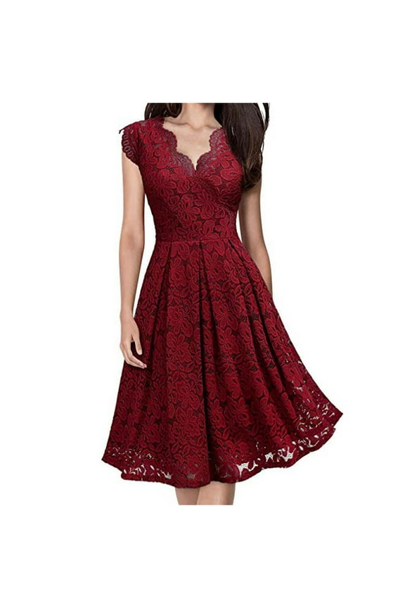 USSUMA Sundresses for Women Casual Summer Women's Sleeveless Lace V-Neck A-line Midi Dresses Summer Sleeveless Overlay Fit Flare Elegant Cocktail Party Dresses