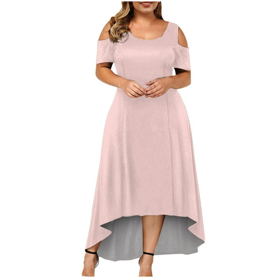 USSUMA Sundresses for Women Casual Summer,Women's Summer Cold Shoulder Maxi Long Dress Plus Size Casual Loose Short Sleeve Beach Party Vacation Sun Dresses