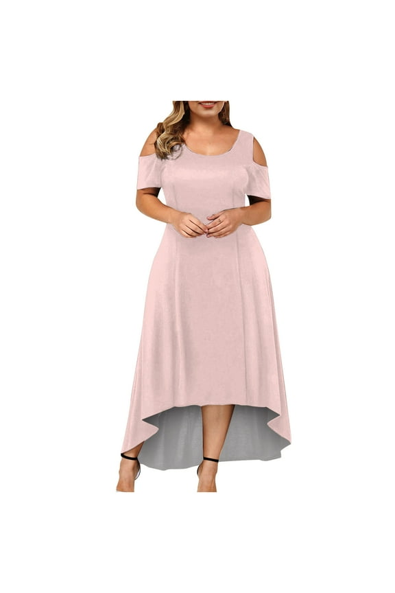 USSUMA Sundresses for Women Casual Summer,Women's Summer Cold Shoulder Maxi Long Dress Plus Size Casual Loose Short Sleeve Beach Party Vacation Sun Dresses