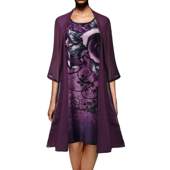 USSUMA Sundresses for Women Floral Print Half Sleeve Casual Dresses for Women Plus Size Chiffon Shawl Cardigan Two Piece Suit Dresses Women Summer V Neck Beach Dresses Wedding Guest