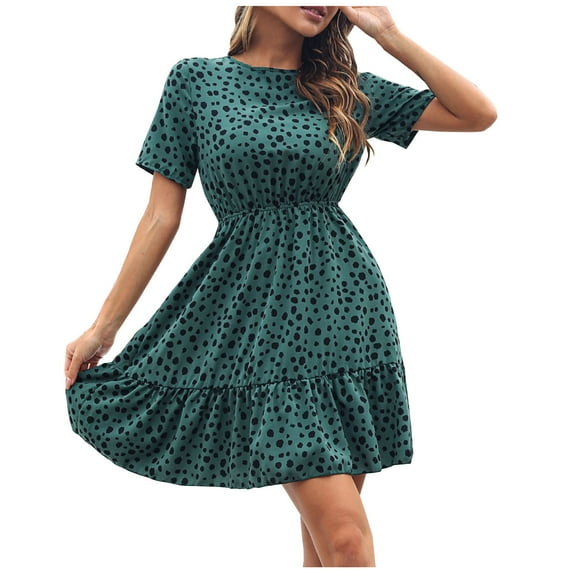USSUMA Sundresses for Women Leopard Print Short Sleeve Casual Dresses for Women Ruffle Flowy Swing Mini Dresses Women Summer V Neck Beach Dresses Wedding Guest