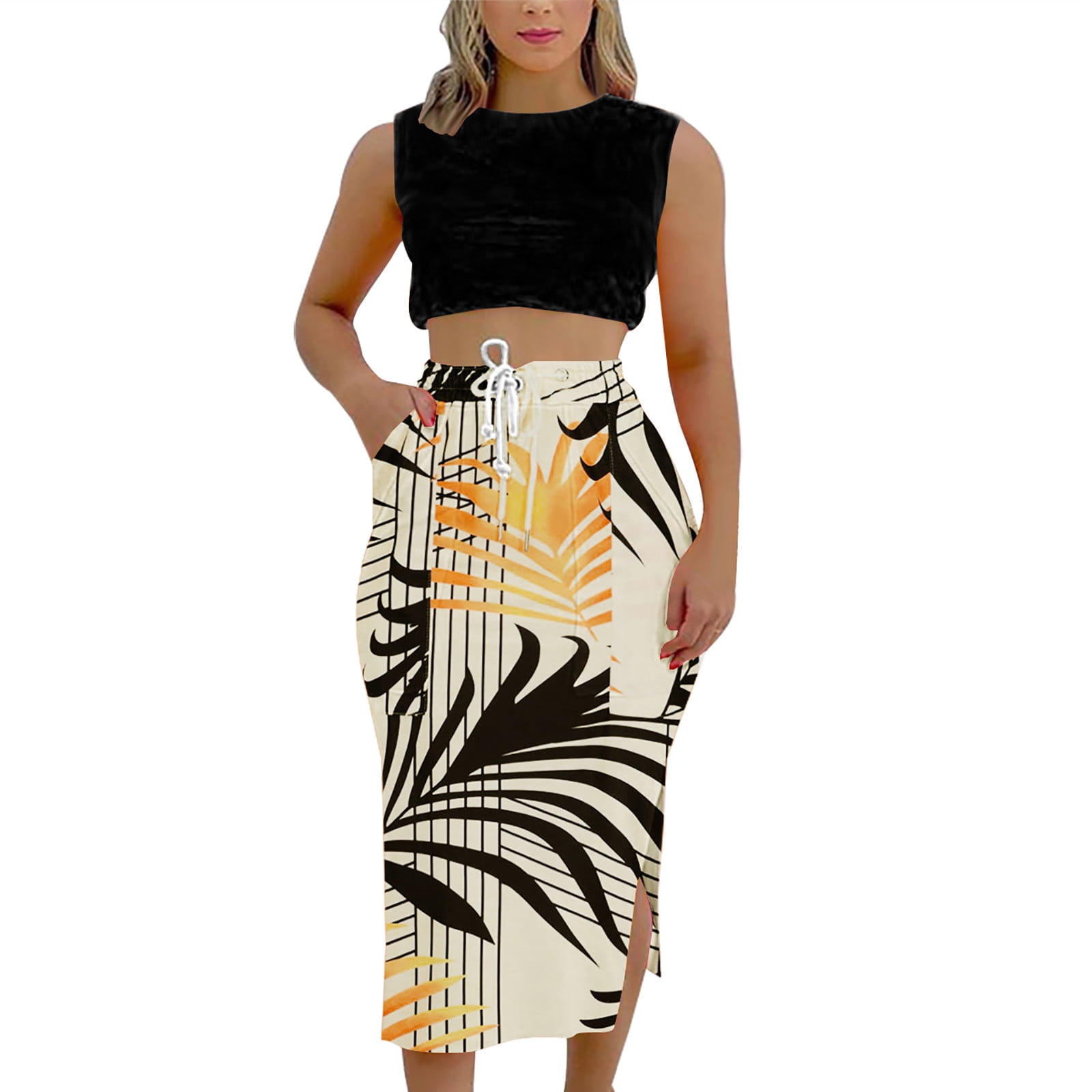 USSUMA Sundresses for Women Plus Size Women s Bodycon Midi Skirt 2 Piece Outfits Floral Print Sleeveless Crop Tank Top Drawstring Pencil Skirts