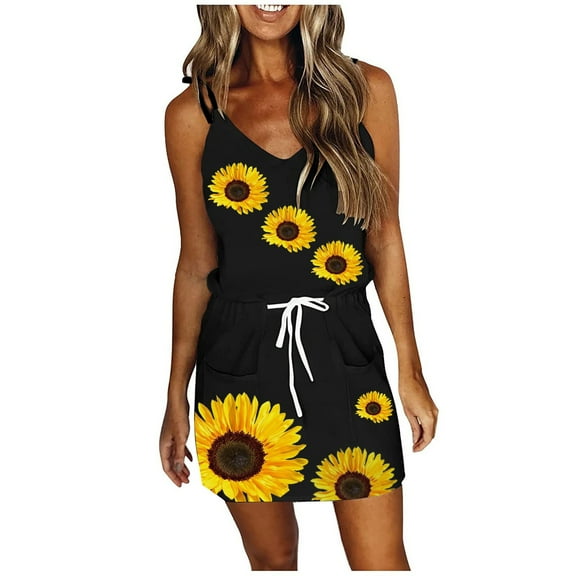 USSUMA Sundresses for Women Sunflower Print Sleeveless Casual Dresses for Women Spaghetti Strap Short Mini Drawstring Dresses Women Summer V Neck Beach Dresses Wedding Guest
