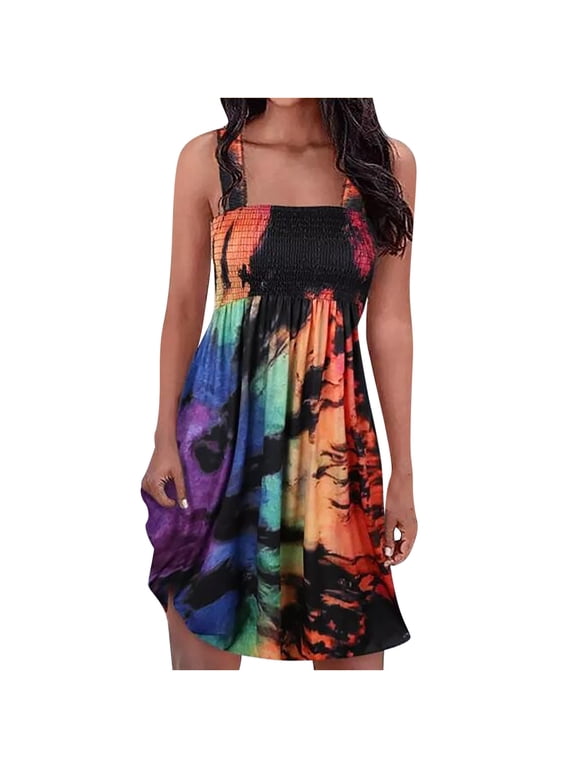 Beach Dresses for Women Casual Summer Pleated Flowy Swing Midi Sun Dress Tie Dye Sleeveless Plus Sundresses V Neck Vacation Dress Wedding Guest