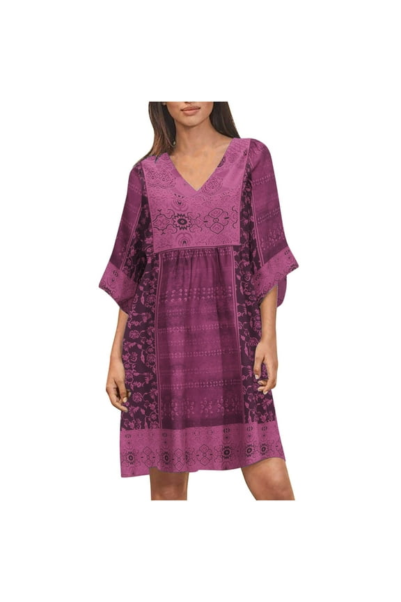 USSUMA Sundresses for Women Vintage Floral Print Half Sleeve Casual Dresses for Women Boho Ethnic Swing TShirt Midi Dresses Women Summer V Neck Beach Dresses Wedding Guest