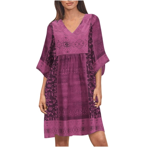 USSUMA Sundresses for Women Vintage Floral Print Half Sleeve Casual Dresses for Women Boho Ethnic Swing TShirt Midi Dresses Women Summer V Neck Beach Dresses Wedding Guest