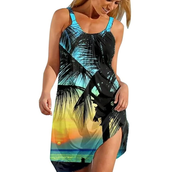 USSUMA Sundresses for Women Casual Summer Beach Dresses for Women Hawaiian Tropical Print Sling Mini Dress Summer Loose Comfy Boho Short Sundress
