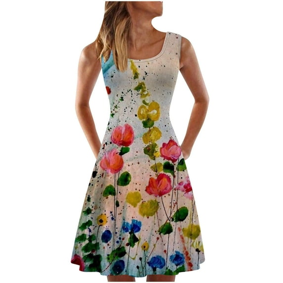 USSUMA Sundresses for Women Casual Summer - Summer Dresses for Women Beach Floral Tshirt Sundress Sleeveless Casual Loose Swing A Line Tank Dress