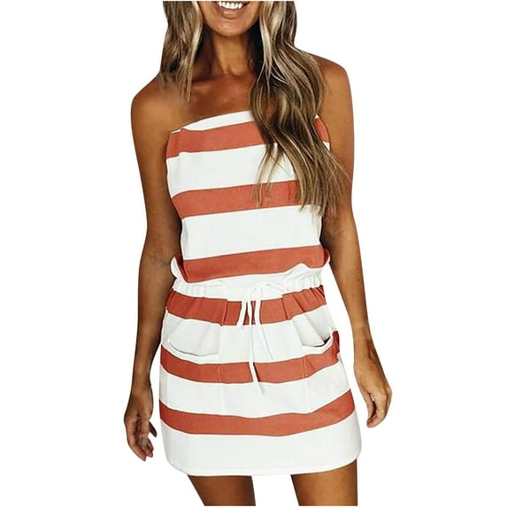 USSUMA Sundresses for Women Casual Summer, Women Summer Dresses Sleeveless Striped Lace Up Drawstring Dress V Neck Drawstring Sling Sun Dress