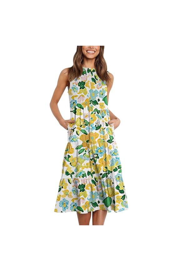 USSUMA Sundresses for Women Casual Summer Women's Bohemian Smocked Flowy Sundress Summer Floral Print Sleeveless Ruffle Tiered Beach Long Midi Dress